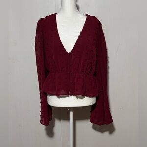 Lulus Burgundy Clip Dot Long Sleeve Button-Front Top Size L